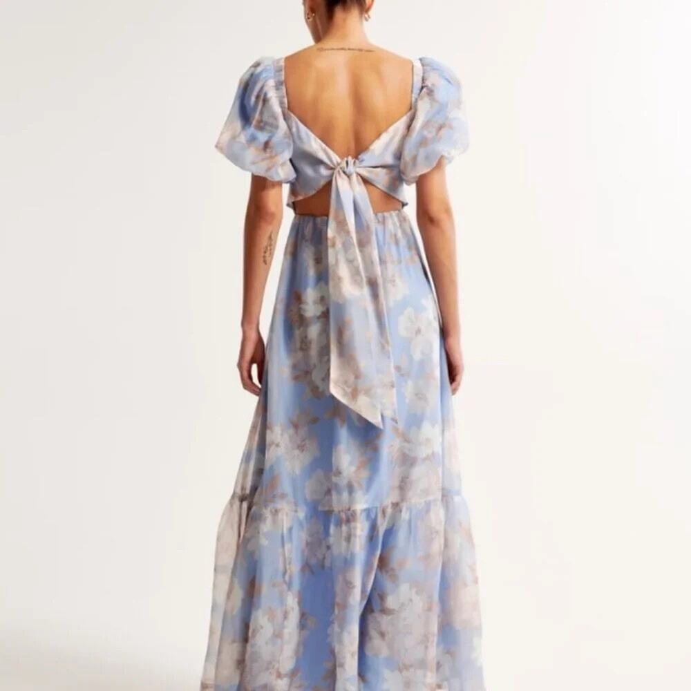 Abercrombie Emerson Drama Bow Back Floral Organza Maxi Dress Blue Large - Picture 3 of 11